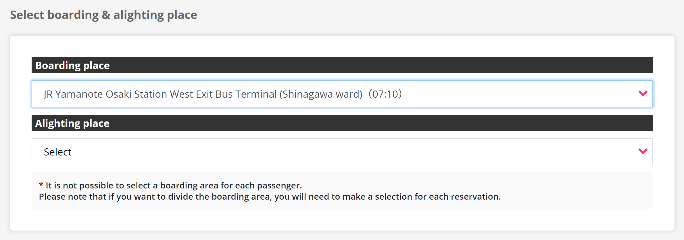 Step3-1 Choose the boarding and the alighting places (departure and arrival places), enter the number of passengers, and click the 'Go to select a plan' button.