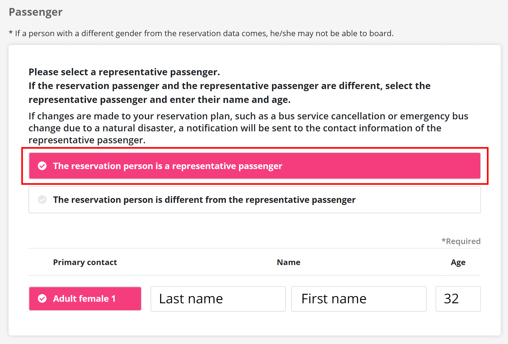 Step 9 Option 1: The reservation person is a representative passenger