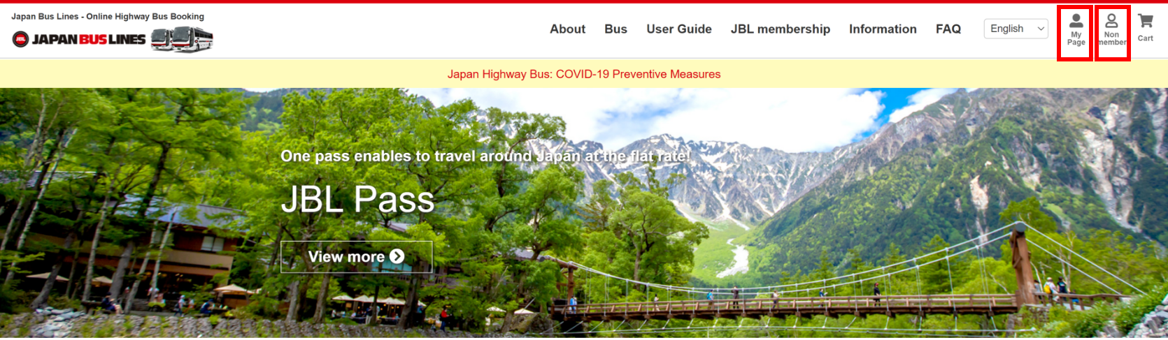 Log in from the 'My Page' icon to your JAPAN BUS LINES member account