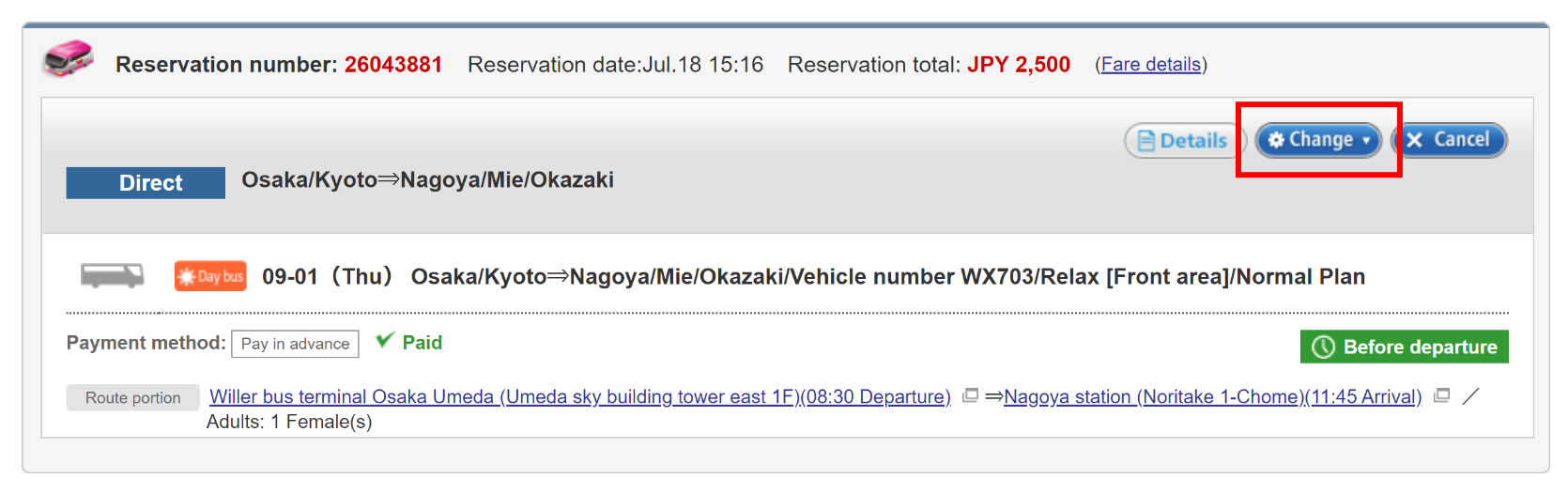 Click 'Change' and choose 'Change the boarding date / bus number'.