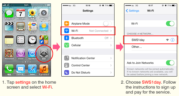 1. Tap settings on the home screen and select Wi-Fi. 2. Choose SWS1day. Follow the instructions to sign up and pay for the service.